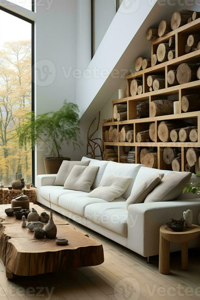 AI generated Cozy living room with a white couch, wooden coffee table, and a stack of logs in front of a stone fireplace. The couch is covered in a soft fabric and has throw pillows in various shades photo