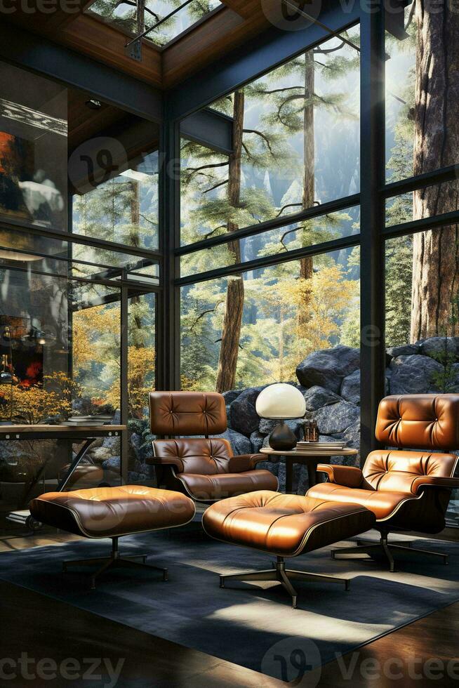 AI generated Breathtaking living room with floor-to-ceiling windows that offer panoramic views of a lush forest. The cozy fireplace adds warmth and ambiance to the space photo