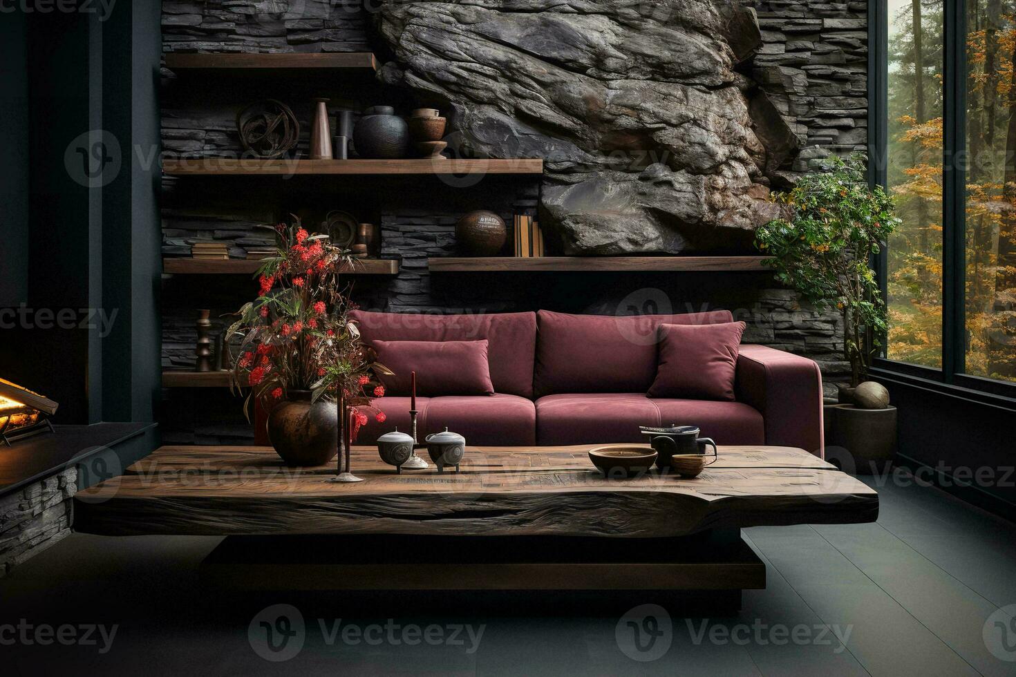 AI generated Cozy living room with a purple couch, wooden coffee table, and fireplace in front of a large window. The couch is covered in a soft velvet fabric and has throw pillows in various shades photo