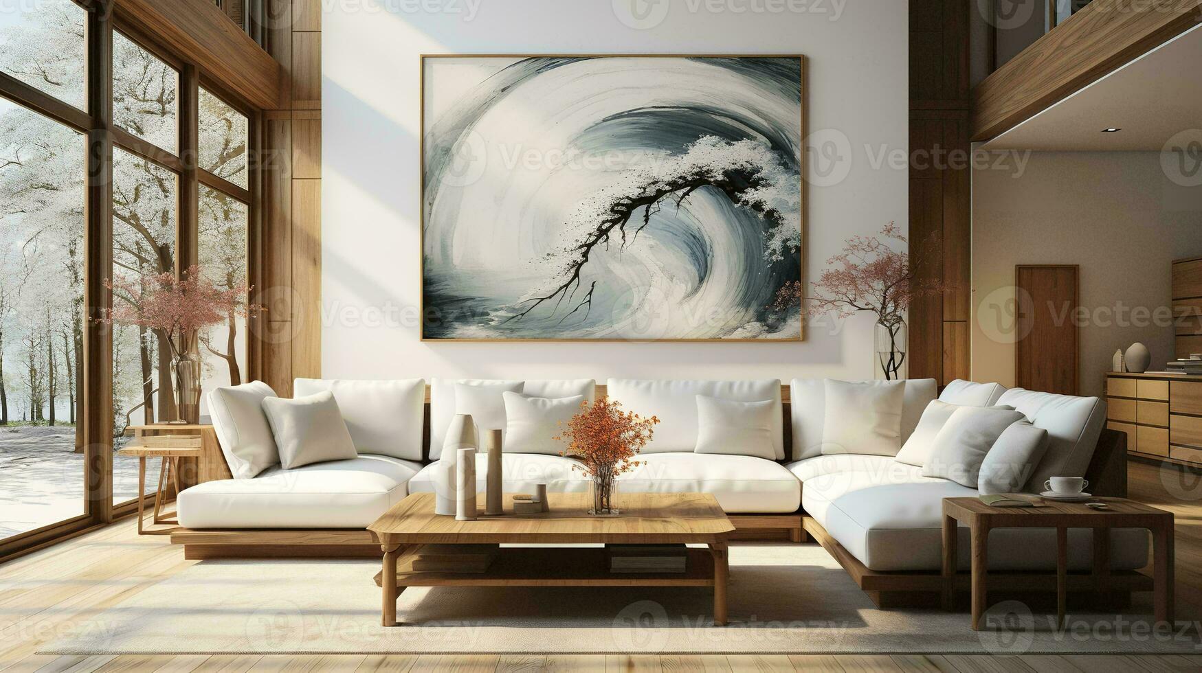 AI generated The painting is the focal point of the room, and its blue and white colors complement the neutral tones of the furniture and decor. The couch is inviting, with pillows in shades photo