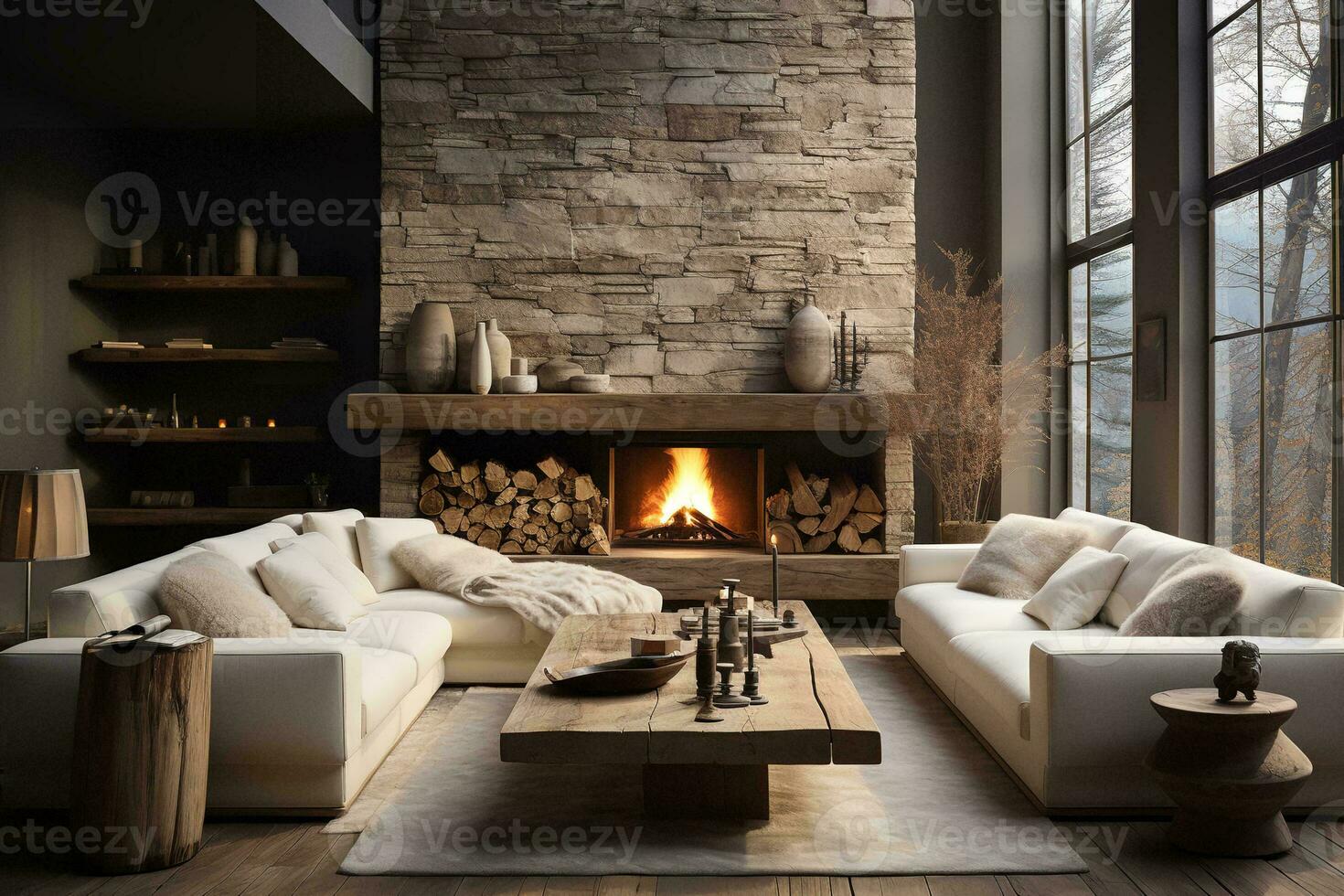 AI generated Bright and airy living room with a fireplace, couch, and coffee table in front of a large window. The fireplace is made of brick and has a wooden mantel decorated with a few candlesticks photo