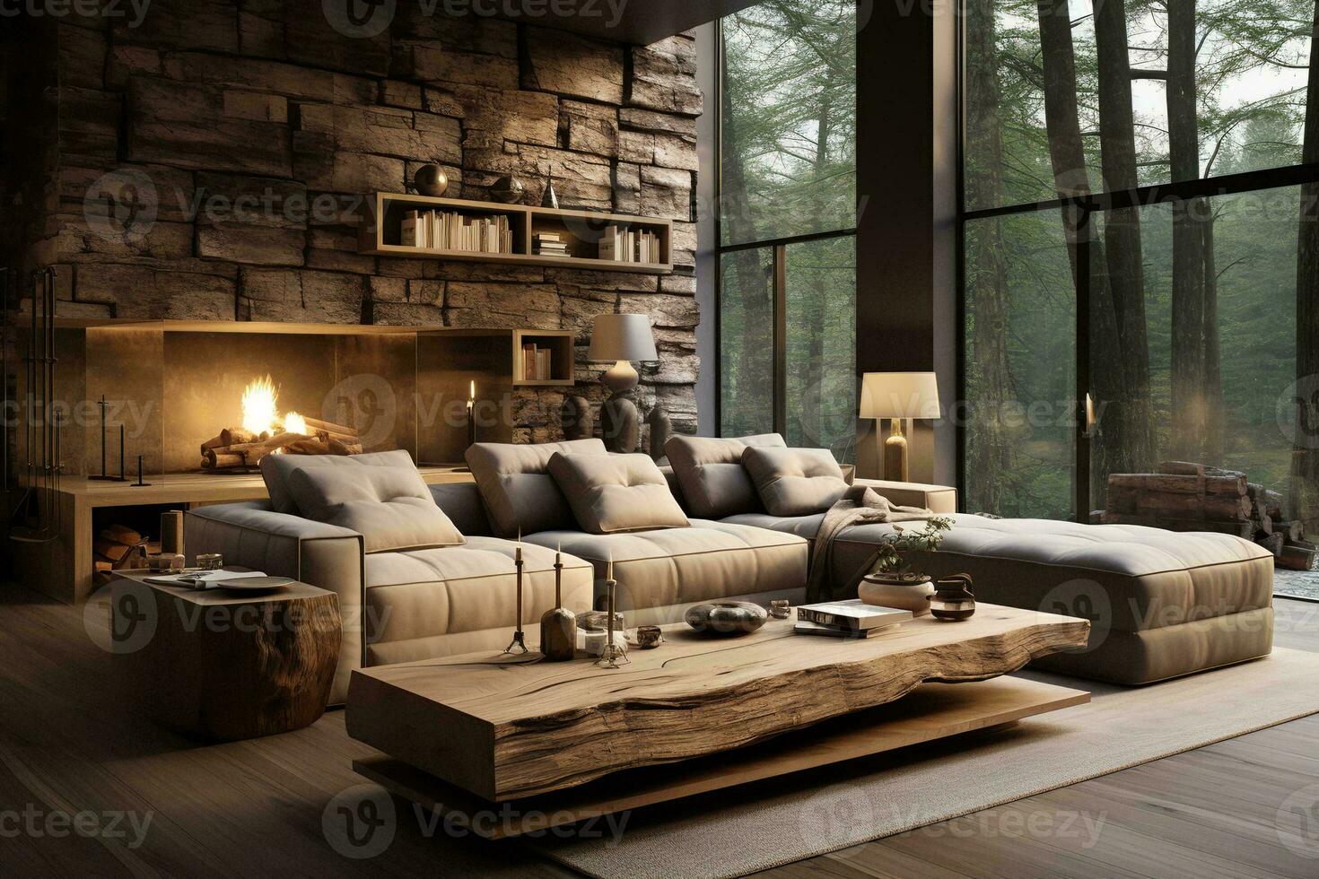 AI generated A warm and inviting living room with a gray couch, wooden coffee table, and fireplace. The gray couch is the focal point of the room, and its neutral color creates a calming photo