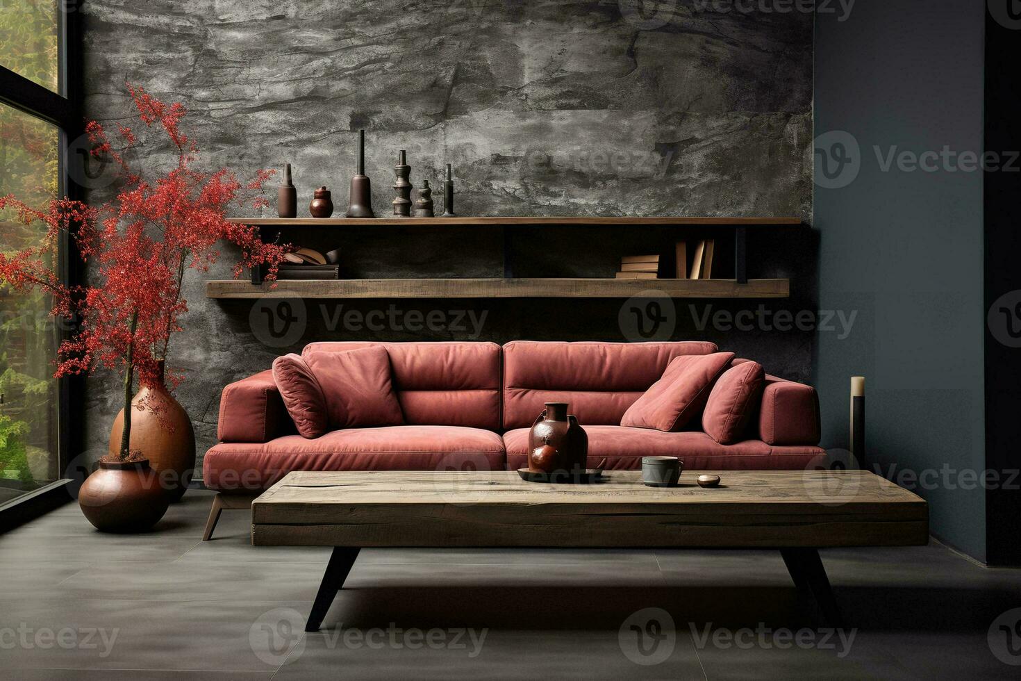 AI generated A cozy living room with a red couch, wooden coffee table, and vase of flowers in front of a window. The red couch is the focal point of the room, and the wooden coffee table photo