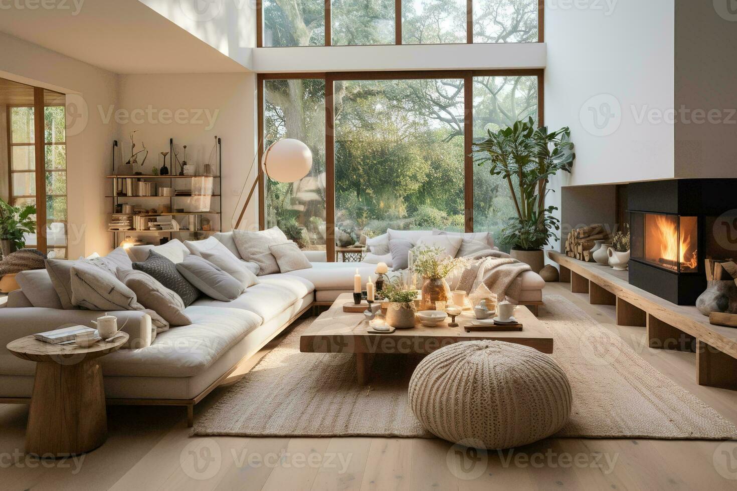 AI generated Cozy living room with a white couch, wooden coffee table, and fireplace in front of a large window with a view of trees and mountains. The couch is covered in a soft fabric photo