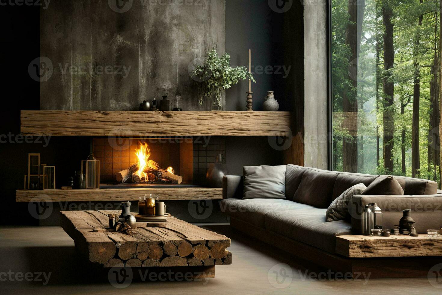 AI generated A chic living room with a sleek, modern fireplace and a minimalist couch. The room is decorated in neutral tones, with pops of color from the throw pillows and artwork. photo