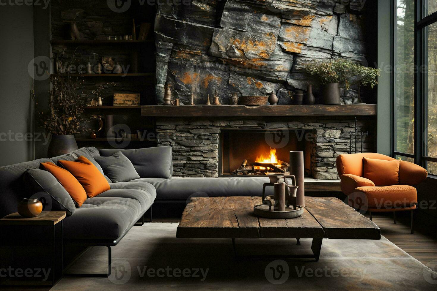 AI generated Cozy and inviting living room with white couches, a fireplace, and a large window with a view of the garden. The white couches are arranged in a U-shape around the fireplace photo