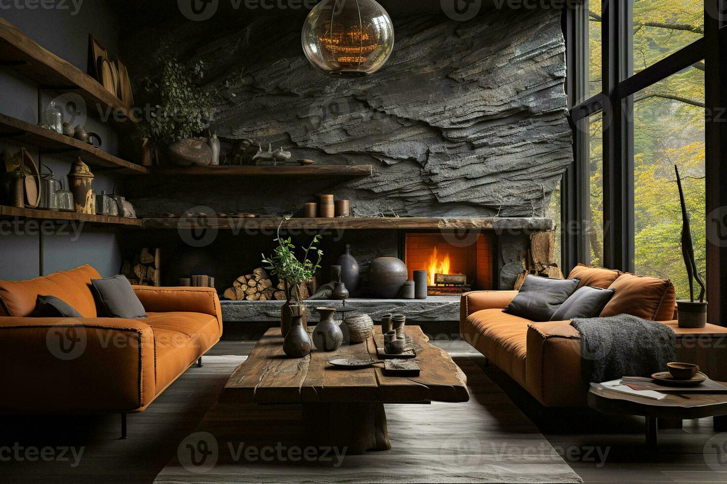 AI generated Spacious and well-lit living room with a fireplace, couch, coffee table, and rug in front of a large window with a view of trees and mountains. The fireplace is made of brick photo