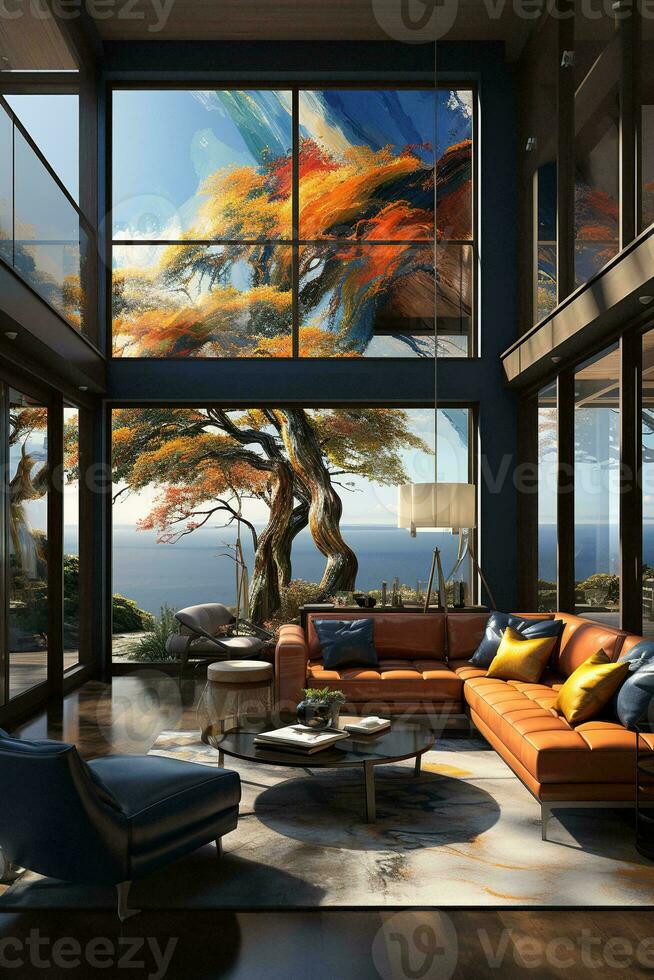 AI generated Stylish living room with fireplace, gray couch, blue armchairs, coffee table, rug, and hardwood floor. Perfect for relaxing and entertaining guests. photo