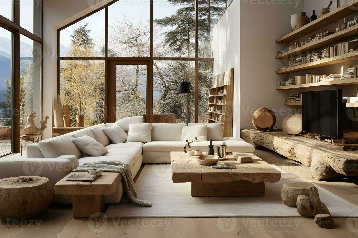 AI generated The round coffee table is a stylish and functional centerpiece, providing a surface to rest drinks and snacks photo