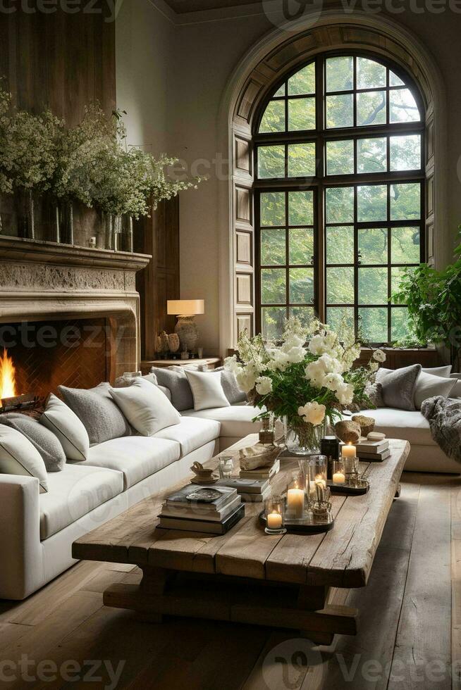 AI generated Inviting living room with fireplace, gray couch, blue armchairs, coffee table, rug, and hardwood floor. The neutral colors create a calming atmosphere, while the fireplace and armchairs photo