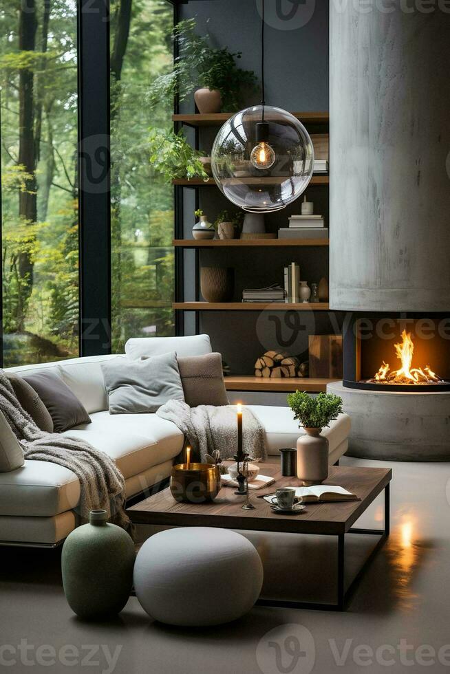 AI generated A sleek and sophisticated living room with a large gray couch, white coffee table, and large windows overlooking a bustling city skyline. photo