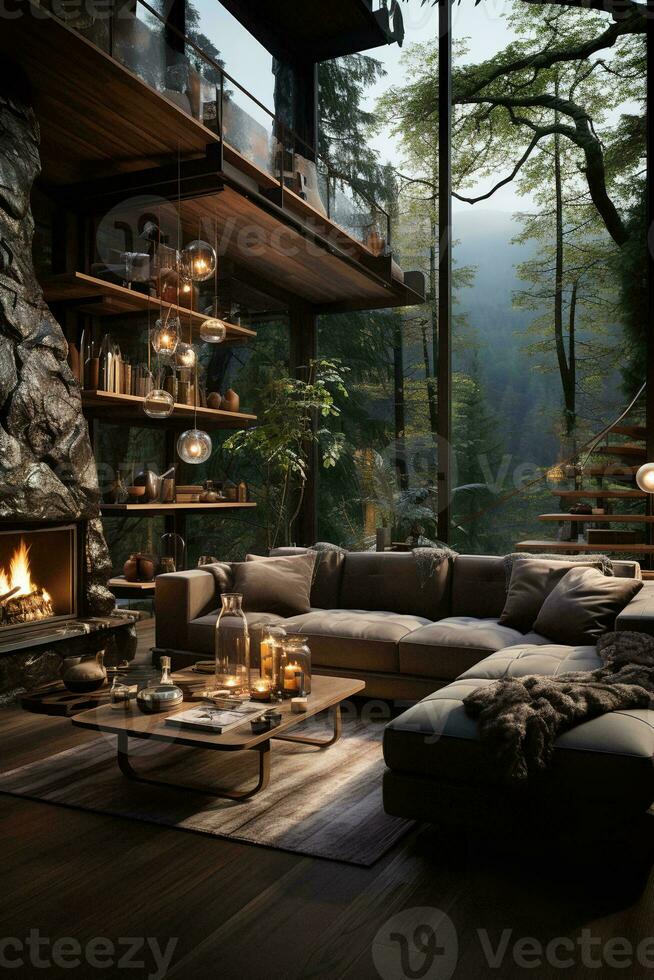 AI generated Bright and airy living room with white sectional couch, fireplace, TV, coffee table, rug, and hardwood floor. Perfect for relaxing and entertaining guests. photo