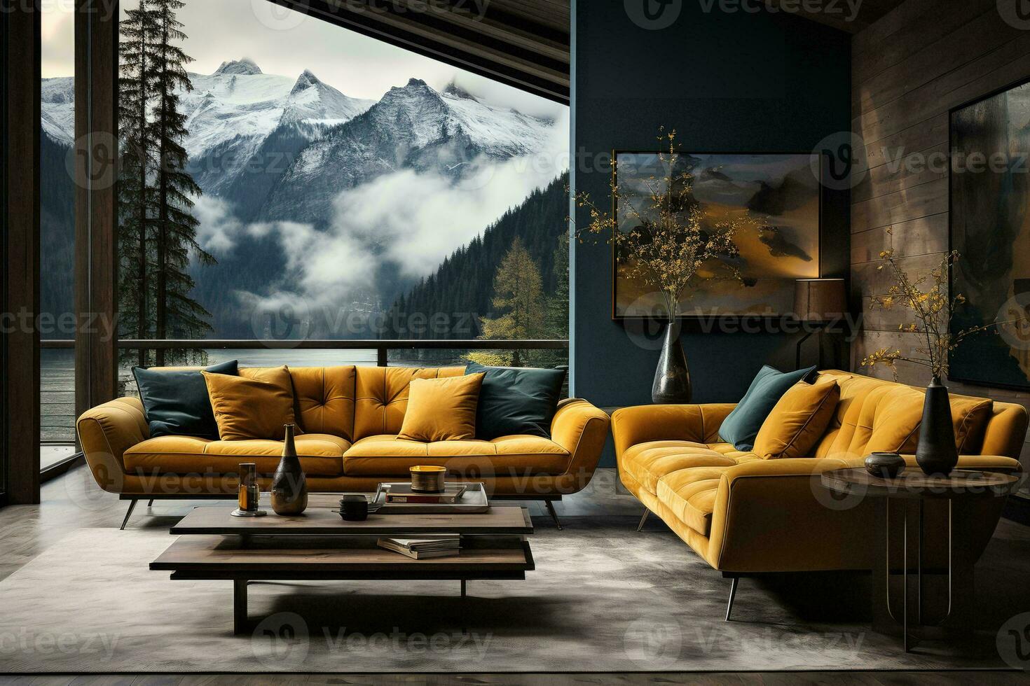 AI generated A cozy and inviting living room with a yellow couch, coffee table, and large window with a stunning view of a snow-capped mountain range. The yellow couch is the focal point of the room photo