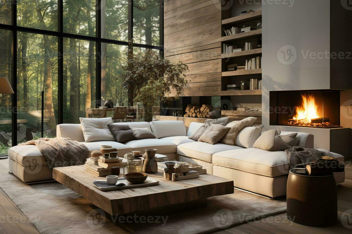 AI generated A cozy living room with a white couch, wooden coffee table, and a large painting of a wave on the wall. The painting is the focal point of the room, and its blue and colors complement photo