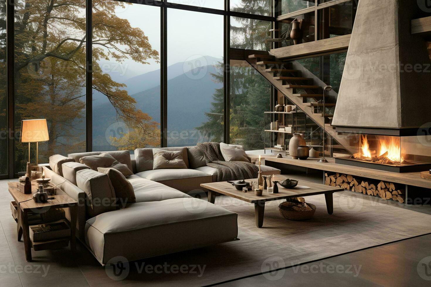 AI generated Stylish living room with gray couch, fireplace, TV, coffee table, rug, and hardwood floor. Perfect for relaxing and entertaining guests. photo