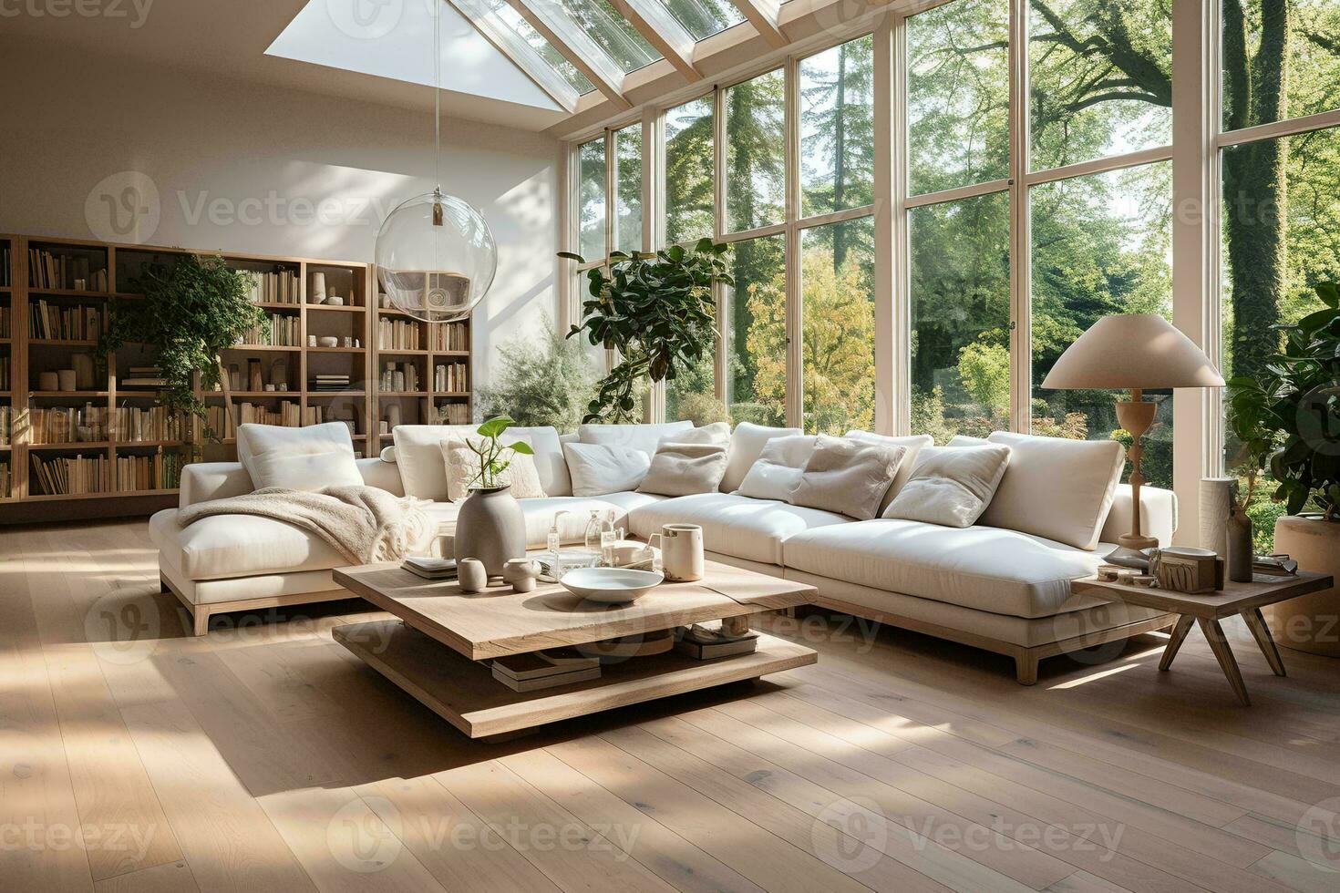 AI generated Stylish living room with fireplace, gray couch, blue armchairs, coffee table, rug, and hardwood floor. Perfect for relaxing and entertaining guests. photo