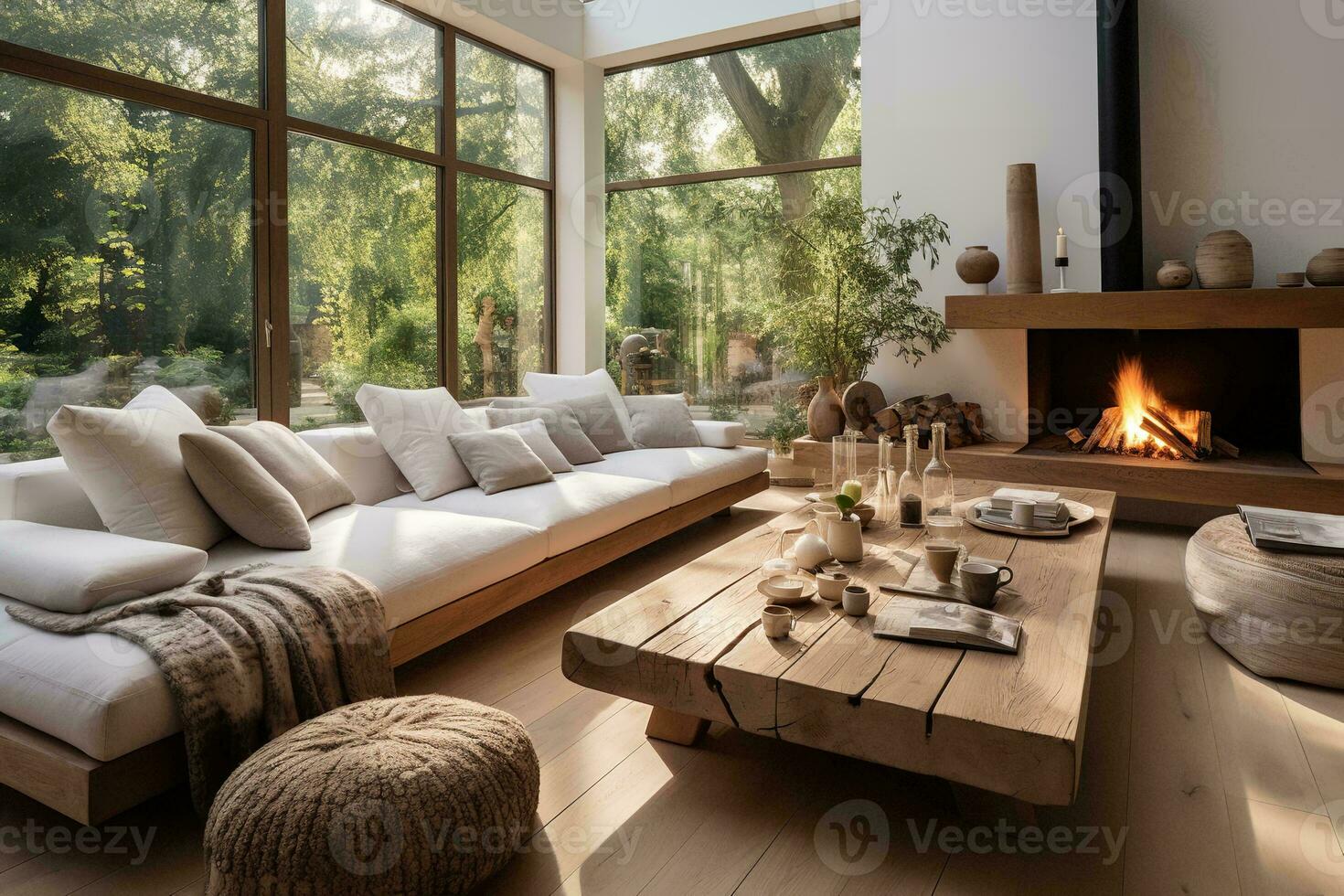 AI generated Cozy living room with a white couch, wooden coffee table, and fireplace in front of a large window. The white couch is inviting and soft, and the wooden coffee table photo