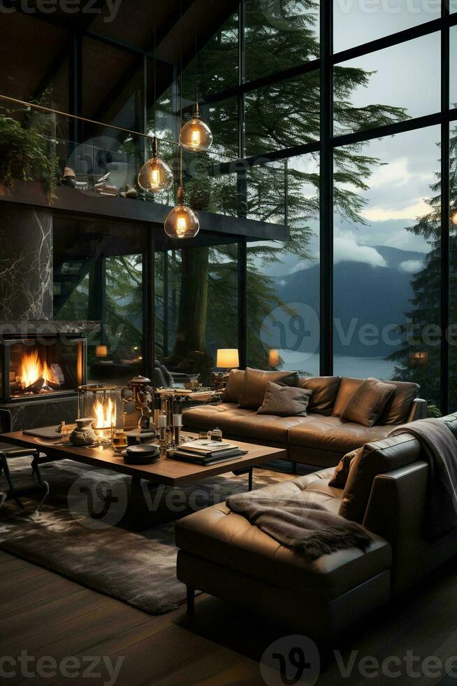 AI generated Stunning living room with fireplace, large windows, lake view, sectional couch, coffee table, rug, and hardwood floor. Perfect for relaxing and enjoying the natural beauty. photo
