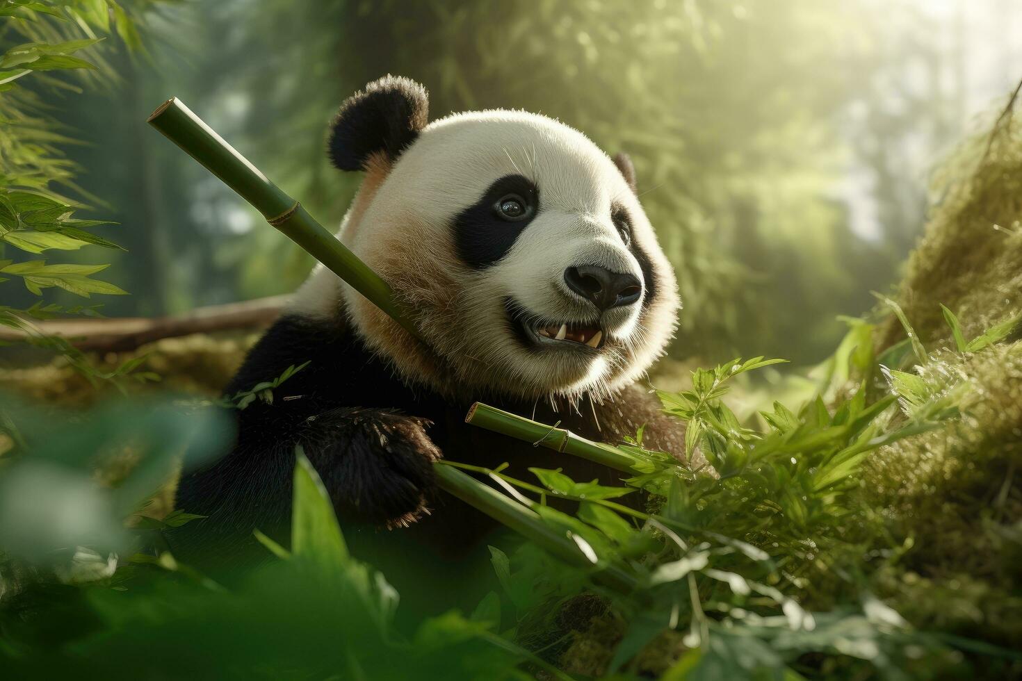 AI generated Giant panda bear eating bamboo in the forest, Chengdu, China, A panda chewing on bamboo, AI Generated photo