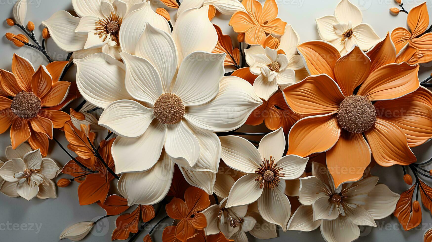 AI generated A close-up of a bunch of white and orange flowers on a white background, arranged in a spiral pattern and tied with a white ribbon. The flowers are in full bloom and have delicate petals. photo