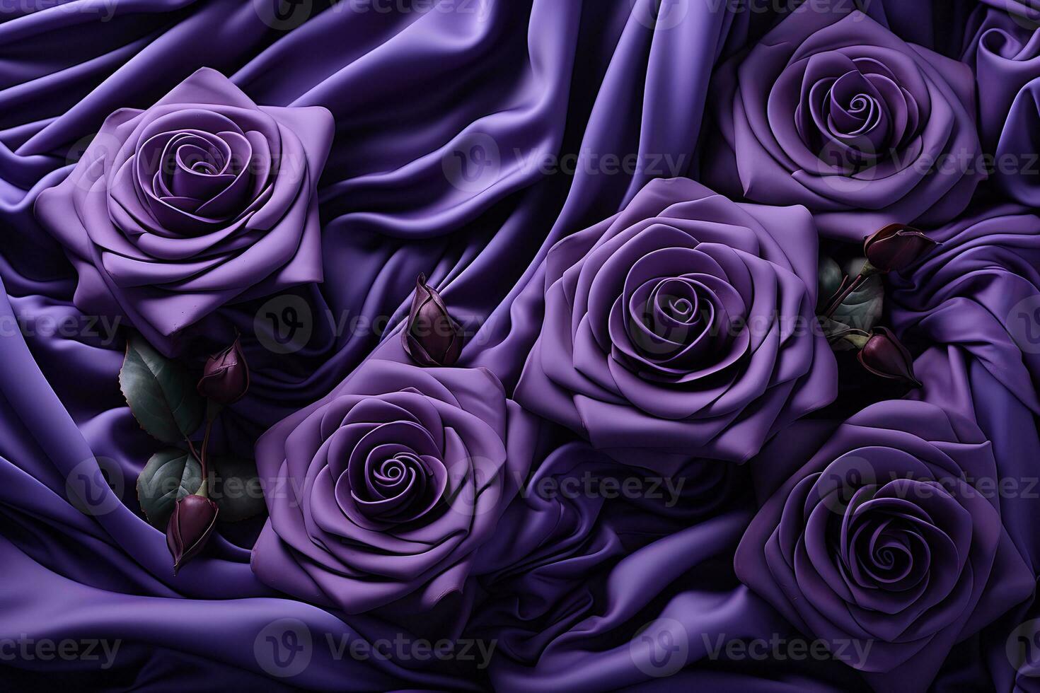 AI generated A close-up of purple roses on a purple cloth in a vase, showing the delicate petals and vibrant colors of the roses. The vase is made of clear glass, allowing the roses to be seen photo