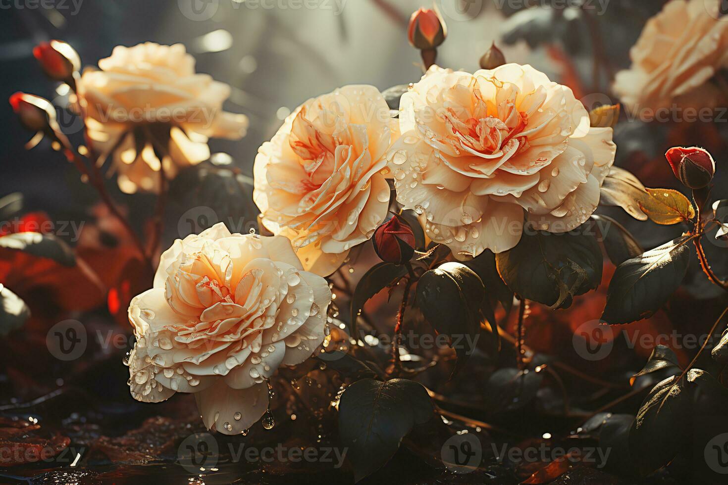 AI generated a beautiful illustration of a bouquet of flowers in various shades of red, purple, and white. The flowers are intricately detailed and appear to be peonies, roses, and chrysanthemums photo