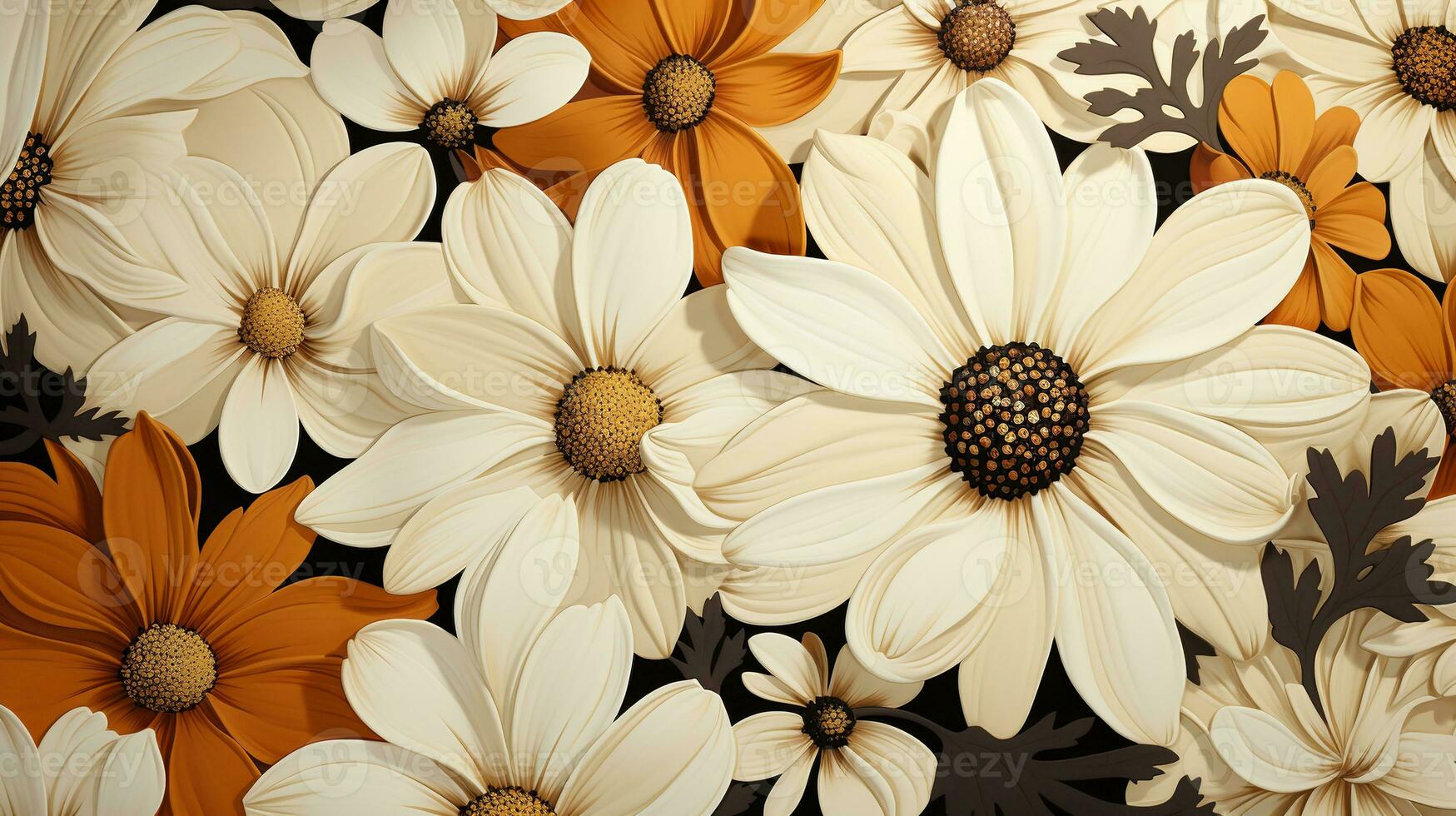 AI generated a beautiful illustration of white and orange daisies with brown centers. The flowers are arranged in a repeating pattern with leaves and other foliage in the background. photo