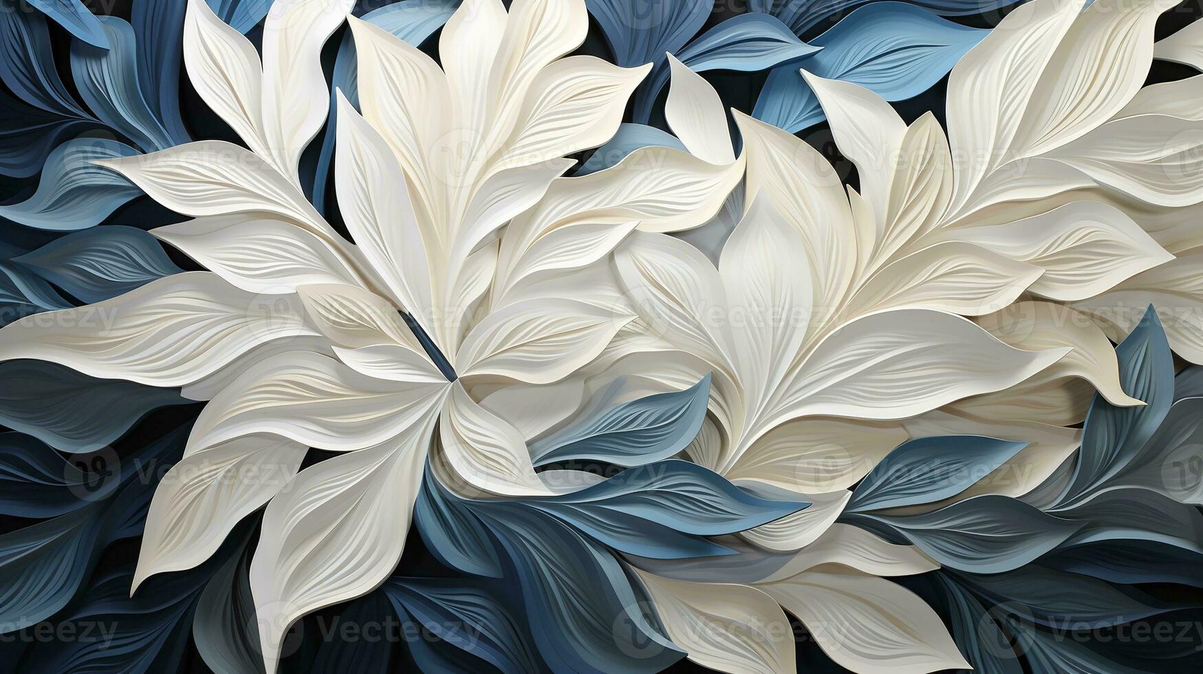 AI generated Close-up photo of white and blue leaves on a black background, revealing the intricate details and vibrant colors of the leaves. The contrast between the dark background