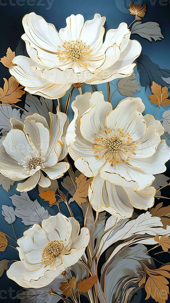 AI generated A stunning illustration of white flowers with gold accents on a dark blue background. The flowers are in full bloom and the leaves are a mix of gold and brown. photo