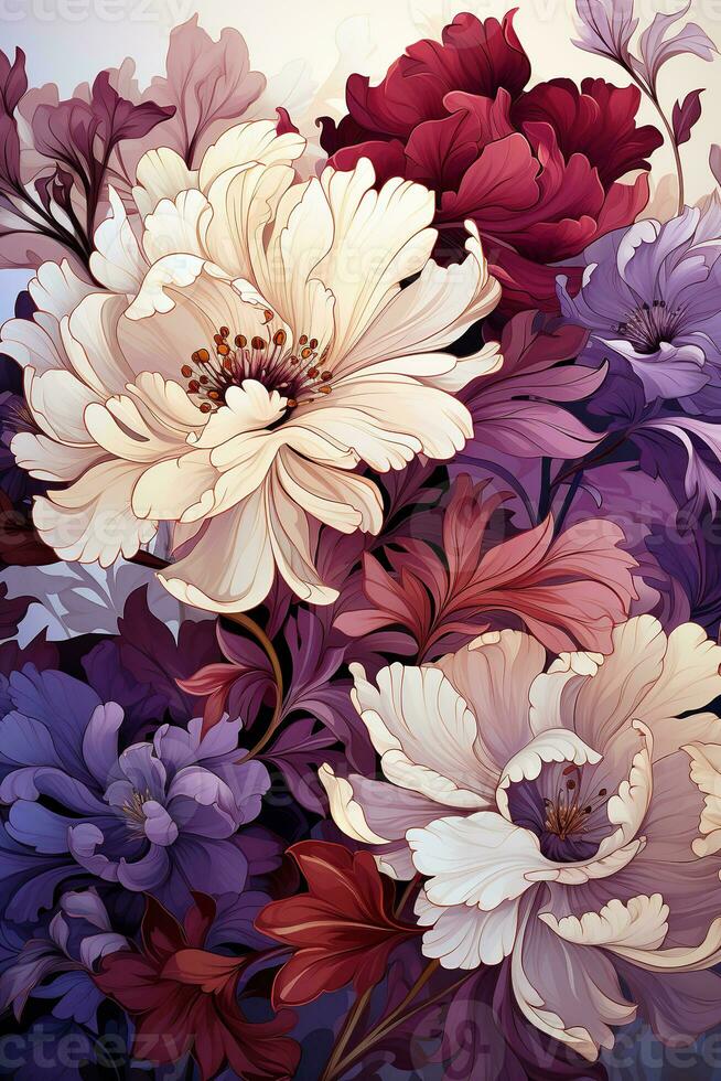 AI generated a beautiful illustration of a bouquet of flowers in various shades of red, purple, and white. The flowers are intricately detailed and appear to be peonies, roses, and chrysanthemums photo
