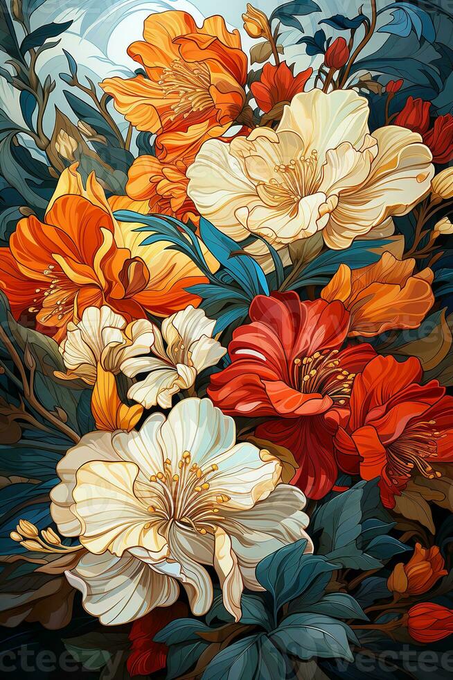 AI generated A beautiful illustration of a bouquet of flowers with a pale pink background. The flowers are intricately detailed and appear to be poppies, peonies, and anemones. photo