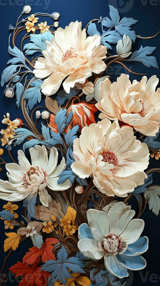 AI generated a beautiful illustration of a bouquet of flowers in various shades of red, purple, and white. The flowers are intricately detailed and appear to be peonies, roses, and chrysanthemums. photo