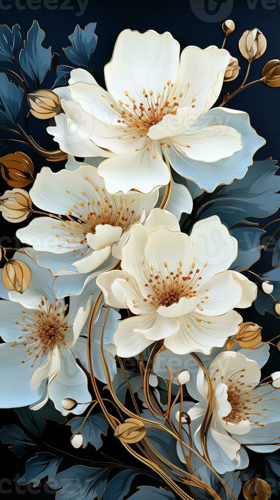AI generated A stunning illustration of white flowers with gold accents on a dark blue background. The flowers are in full bloom and the leaves are a deep green. photo