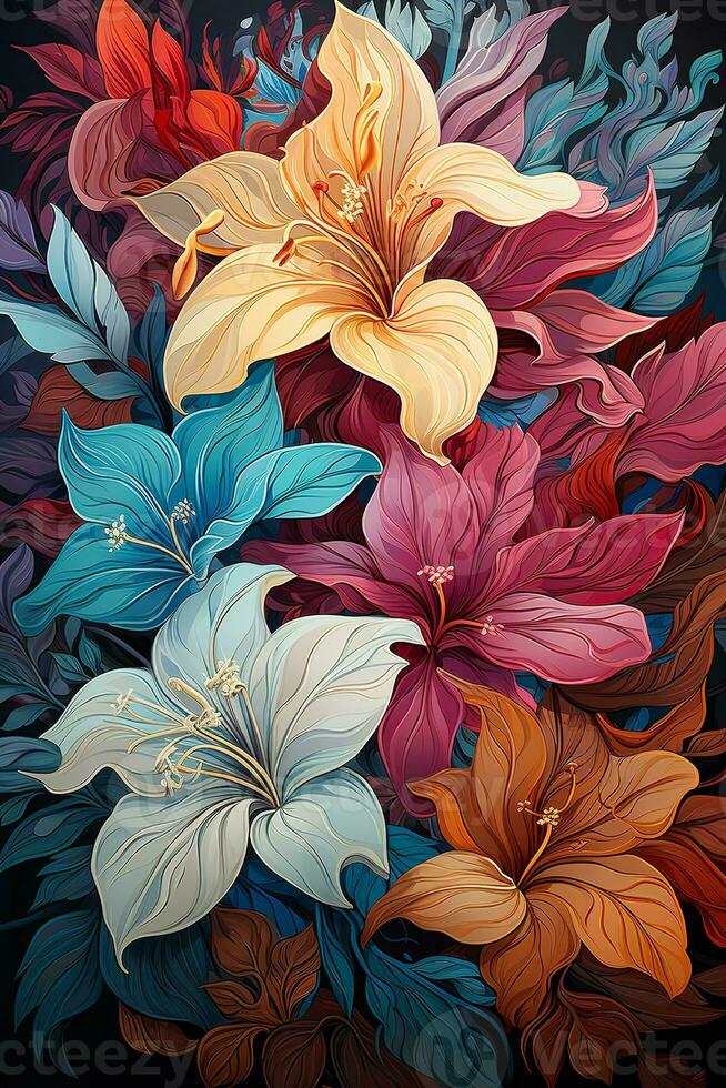 AI generated A beautiful digital illustration of a bouquet of colorful flowers with a dark blue background. The flowers are arranged in a way that creates a sense of depth and dimensionality. photo