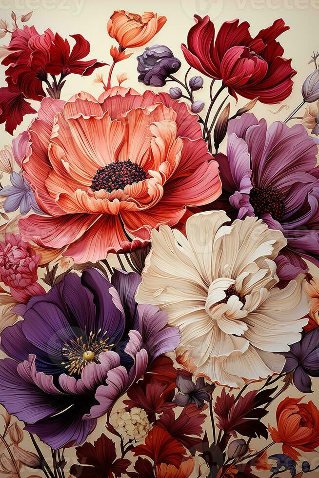 AI generated A stunning illustration of various flowers in different shades of red, purple, and orange. The flowers are intricately drawn and have a realistic appearance. photo