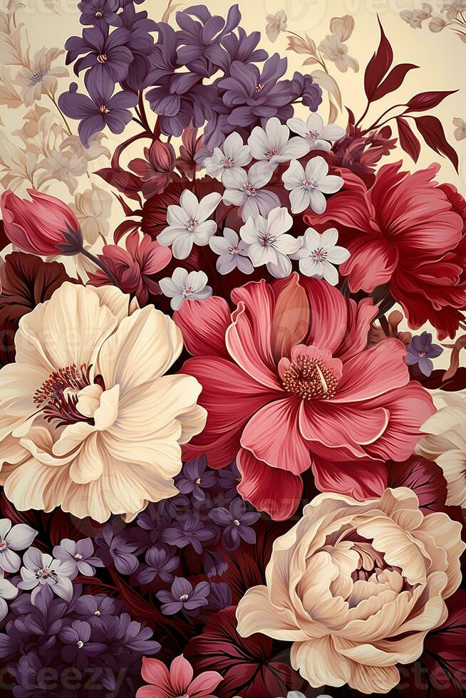 AI generated A stunning illustration of a bouquet of flowers in various shades of red, pink, purple, and white. The background is a soft beige color, which allows the flowers to stand out. photo