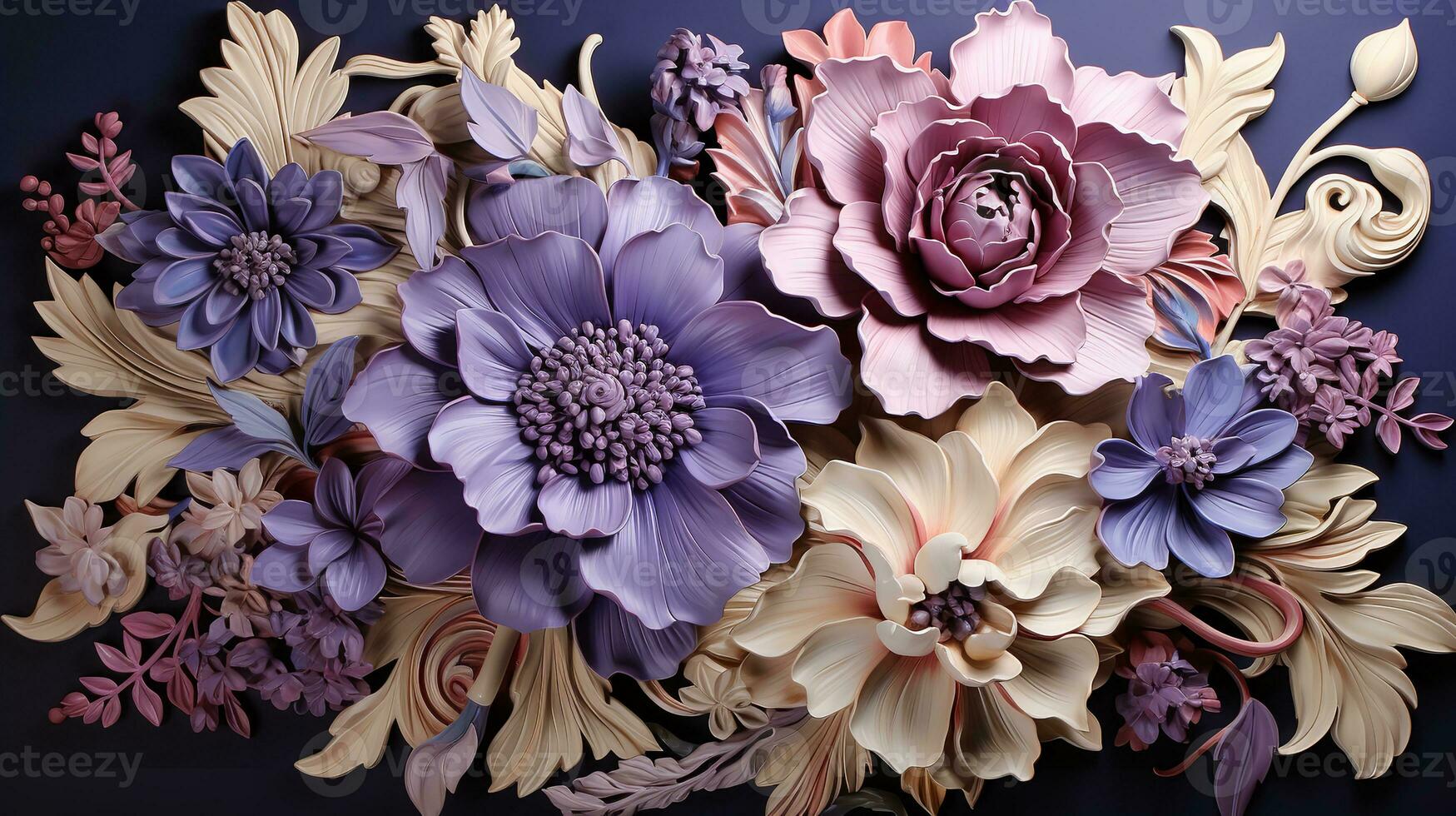 AI generated a beautiful and intricate paper sculpture of flowers and leaves. The flowers are in shades of pink, white, and blue, and the leaves are in shades of green and blue. photo