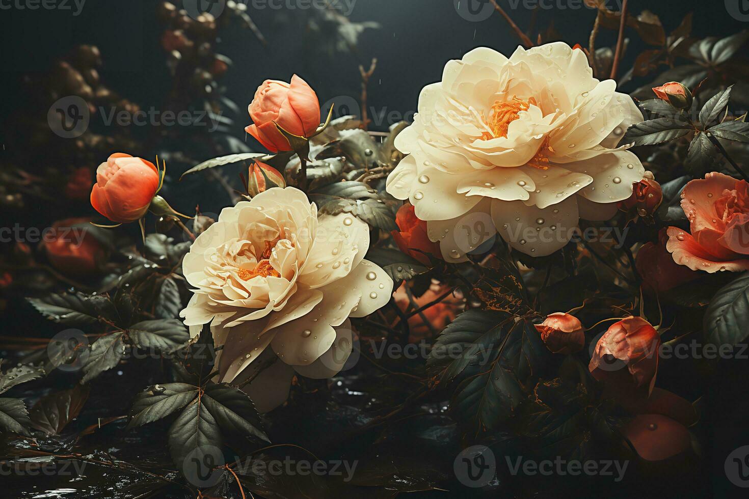 AI generated a group of beautiful roses in full bloom. The roses are a mix of orange and white, with dew drops on the petals. The background is dark and the roses are the focal point photo