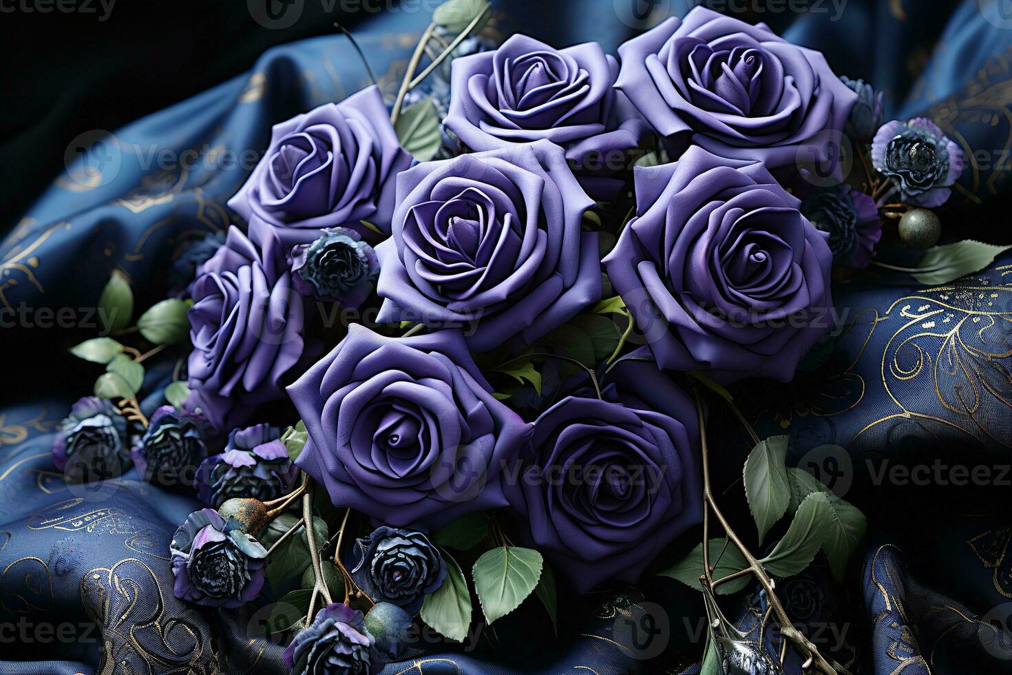 AI generated A close-up of a bouquet of purple roses on a blue cloth, arranged in a spiral pattern and tied with a purple ribbon. The roses are in full bloom and have delicate petals photo