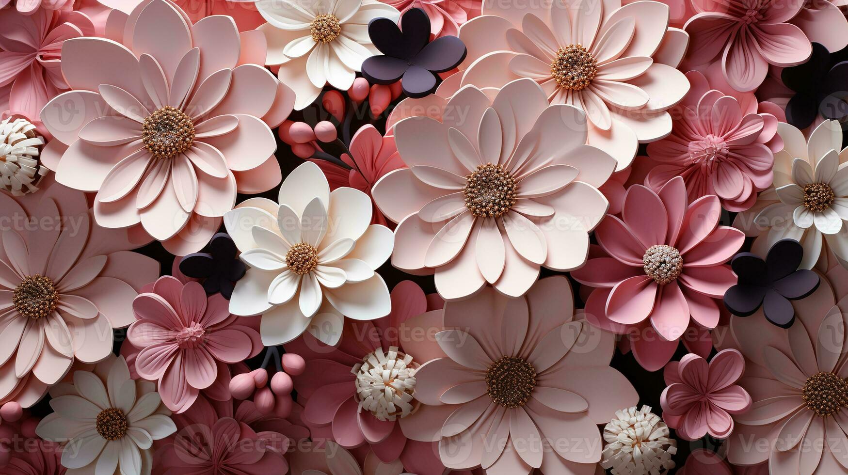 AI generated close-up photo of paper flowers features a beautiful arrangement of pink, white, and black flowers. The flowers are arranged in a way that creates a stunning and eye-catching background.