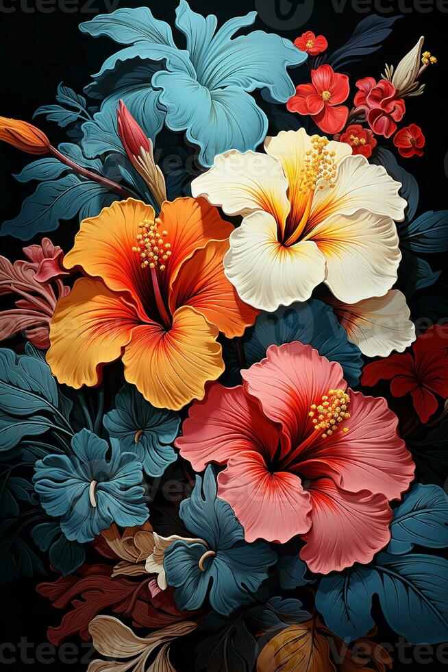 AI generated A bouquet of colorful flowers on a black background, featuring a variety of flowers in different colors and styles, including roses, lilies, and orchids. photo