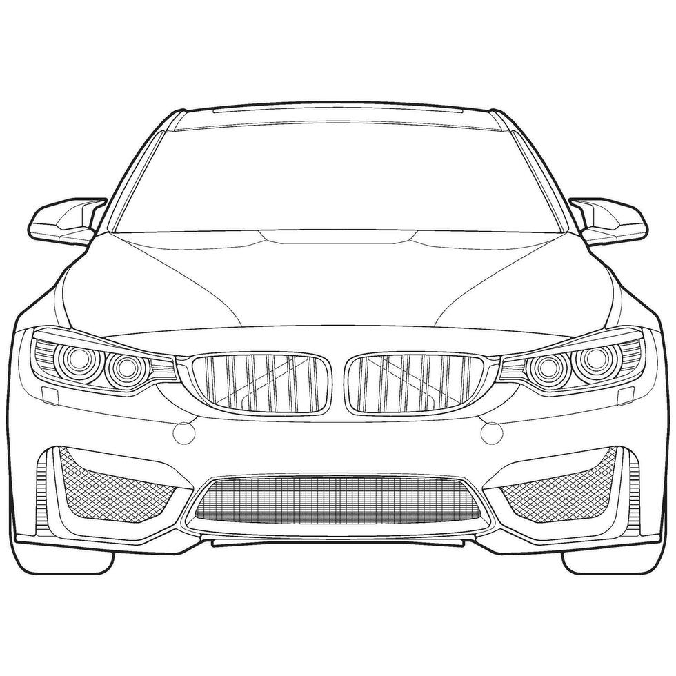 car outline blueprint vector. front view car with line art style. isolated car vector art. hand drawn car vector.