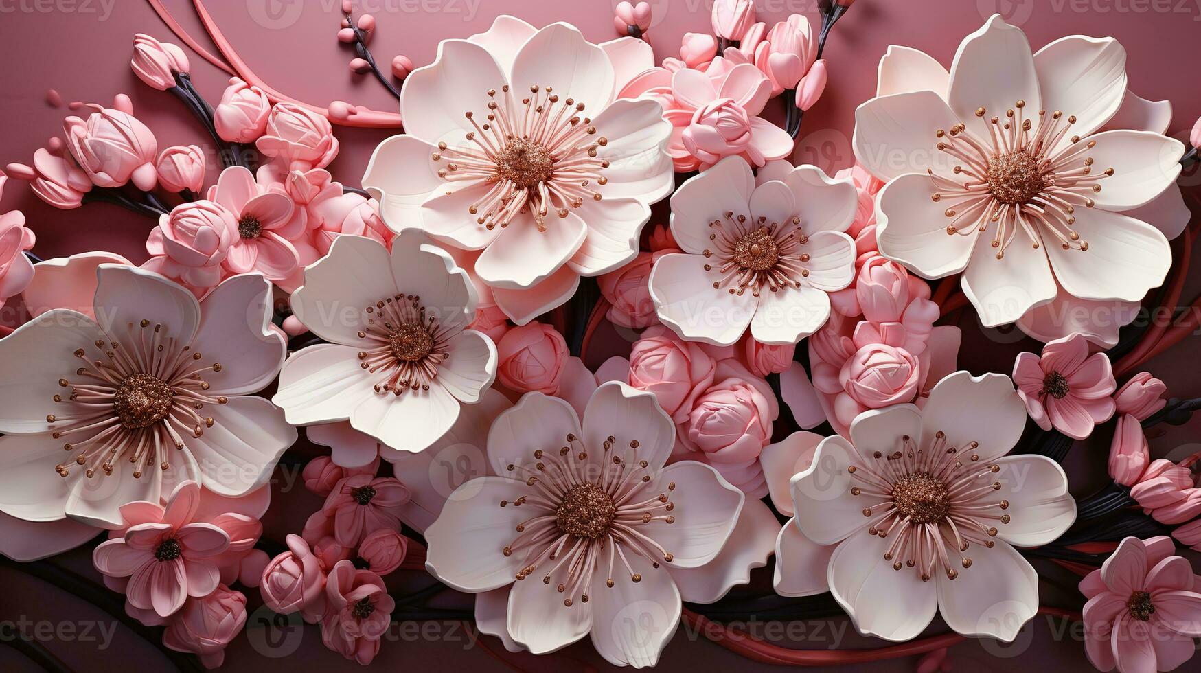 AI generated a stunning close-up of a variety of paper flowers in shades of pink, white, and black. The flowers are arranged in a way that creates an eye-catching background. photo