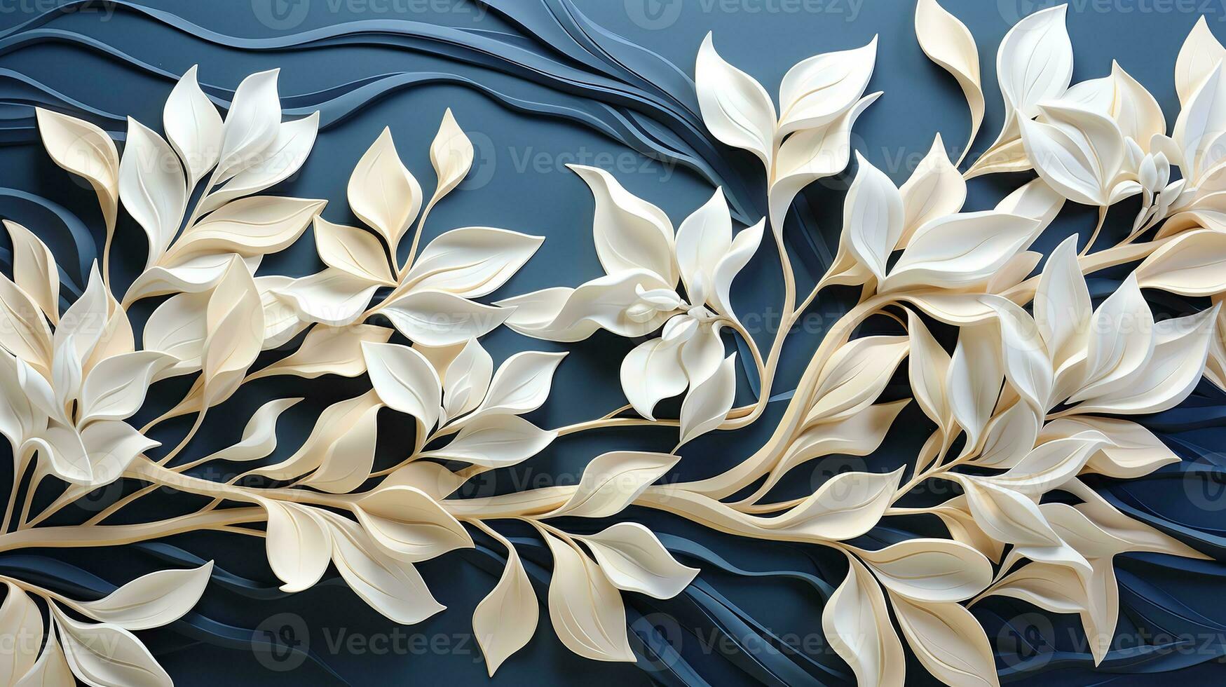 AI generated This is a 3D rendering of a floral design. The design is made up of white leaves and stems on a blue background. The leaves and stems are arranged in a flowing and organic manner, photo