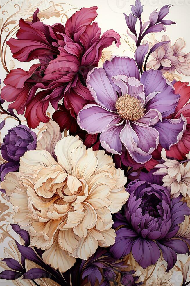 AI generated a beautiful illustration of a bouquet of flowers. The flowers are in various shades of purple, pink, and white. The background is a light beige color with intricate gold designs. photo