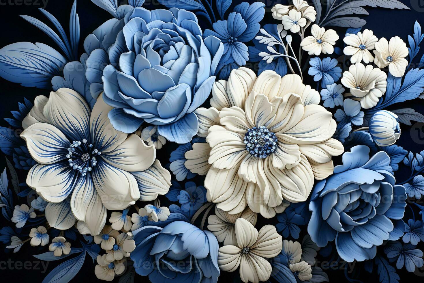 AI generated Blue and white flowers on black, A stunning close-up of a bouquet of blue and white flowers on a black background. photo