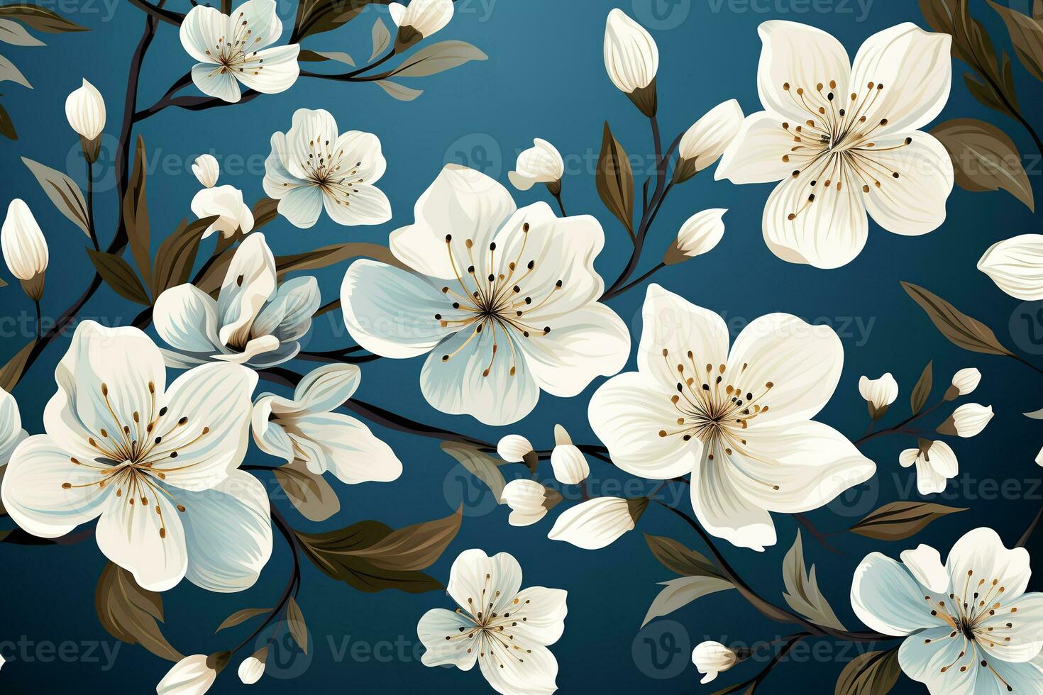 AI generated Close-up of bouquet of white flowers arranged on blue background. Flowers in full bloom, petals delicate and soft-looking. White flowers add touch of elegance and sophistication. photo