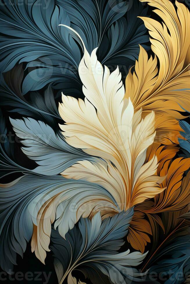 AI generated Feathers and leaves on black background, This stunning painting features a variety of colorful feathers and leaves arranged on a black background. The contrast between the bright colors photo
