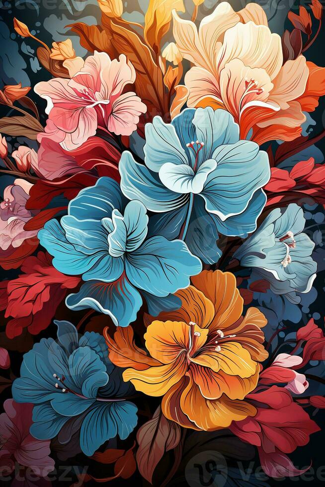 ai generado un digital Arte ilustración de flores presentando un ramo de flores de vistoso flores en un variedad de formas y tamaños el flores son arreglado en un espiral patrón, y su pétalos son delicado foto