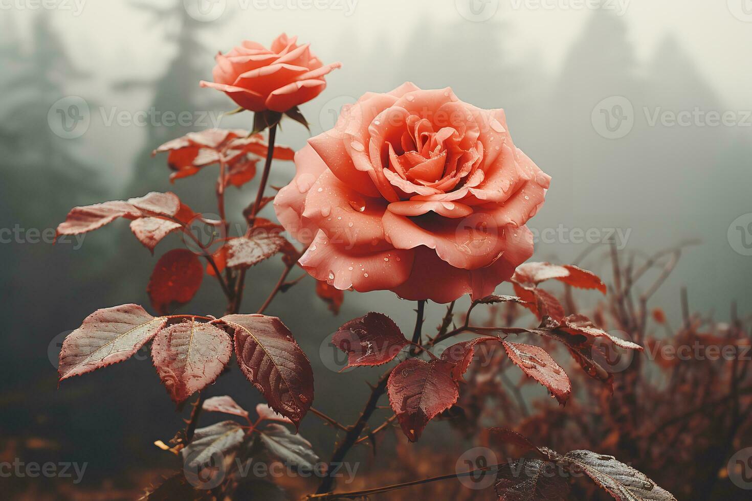 AI generated a beautiful and artistic photograph of a rose bush with two prominent pink roses in full bloom. The background is a foggy and misty forest, creating a moody and romantic atmosphere. photo